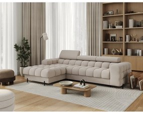 Divano angolare beige allungabile/con contenitore (con penisola a sinistra/con chaise lounge) e rivestimento in velluto Felro – ELTAP