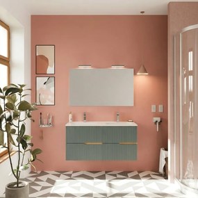 Mobile bagno Eva 120 cm, completo di lavabo in ceramica con due vasche e specchio a filo con Led, 2 cassetti rovere naturale e verde salvia cannettato.