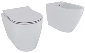 Coppia Sanitari Filomuro Filo Muro Filo Parete Vaso WC E Bidet Design Moderno In Ceramica Con Copriwater Chiusura Soft Close Chiusura Rallentata Colore Bianco Opaco