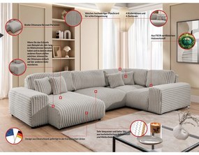 Divano angolare grigio chiaro (con penisola a destra/a U) rivestito in velluto a coste Justin – Ropez