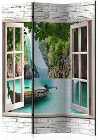 Paravento Paradiso tailandese - finestra con vista sull'acqua e montagne