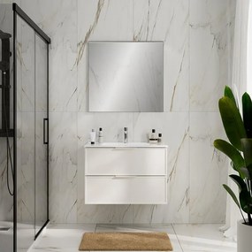 Mobile Quadra L80 H55 P45 bianco opaco laccato 2 cassetti a chiusura ammortizzata e lavabo in ceramica vasca centrale base