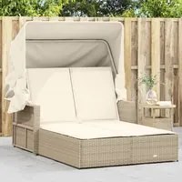 Lettino Doppio con Baldacchino e Cuscini Beige in Polyrattan 365810