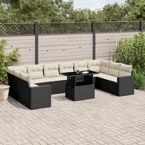 Set divani da giardino 11 pz con cuscini in polyrattan nero