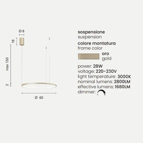 Lampada a sospensione a Led SOEL 60 in metallo verniciato ORO