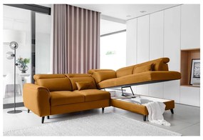 Divano angolare giallo allungabile/con contenitore (con penisola a destra/a L) e rivestimento in velluto Noble – ELTAP