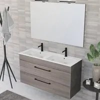 Composizione bagno sospesa Smack a 2 cassetti 118x62 con doppio lavabo, specchio con lampada LED olmo naturale e cemento