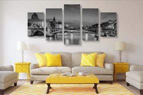 Quadri 5 pezzi – Panorama di Parigi abbagliante in bianco e nero
