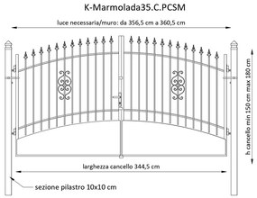 Cancello Marmolada in ferro, apertura centrale, L 358.5 x H 195 cm, di colore ruggine