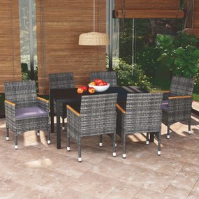 Set da pranzo per giardino 7 pz con cuscini polyrattan grigio