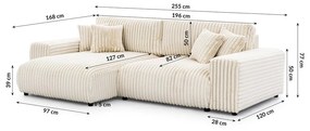 Divano angolare con penisola a sinistra color crema e rivestimento in velluto a coste allungabile e con contenitore Sarina – Ropez