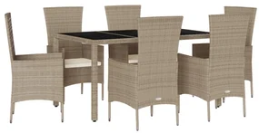 Set da pranzo da giardino 7 pz con cuscini beige in polyrattan