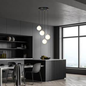 Sospensione Contemporanea Nuada 4 Luci In Acciaio Nero/Oro Sfere Vetro Bianco
