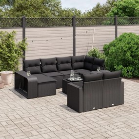 Set divani da giardino 11 pz con cuscini in polyrattan nero