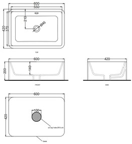 Cielo Shui Lavabo 60x42 da appoggio rettangolare con troppo pieno in ceramica lavagna