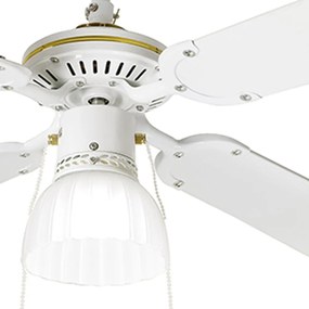 Ventilatore Metallo Bianco 1 Luce E27 4 Pale Legno Bianco Gemini