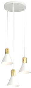 Lampadario 3 Luci Heimdall Base Tonda Acciaio Bianco E Paralumi Conici Bianco E Oro