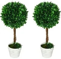 Set 2 Piante Artificiali Alberi di Bosso da Interno ed Esterno 28x60 cm con Vaso Verde