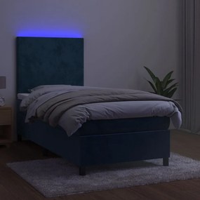 Letto a molle con materasso e led blu scuro 90x190cm in velluto