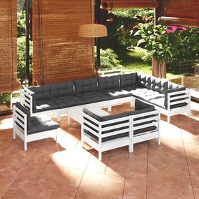 Set divani da giardino 11 pz con cuscini bianchi legno di pino