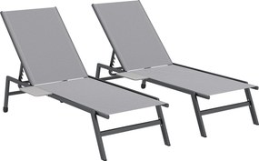 Set 2 Lettini Prendisole Regolabili in 5 Posizioni con Tavolino Laterale e 2 Ruote in Metallo e Poliestere Grigio...