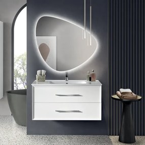 Mobile da bagno sospeso moderno base 100 CLASSIC con 2 cassetti e lavabo, BIANCO OPACO