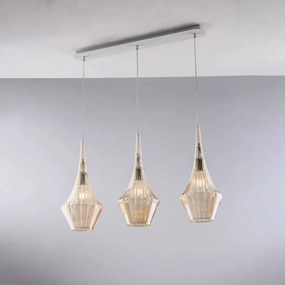 Lampadario Binario Moderno Zeus Metallo Bianco Vetro Ambra 3 Luci E27