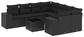 Set divani da giardino 9 pz con cuscini nero in polyrattan