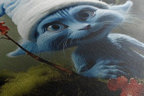 Stampa su tela – Gatto blu con cappello bianco nella foresta