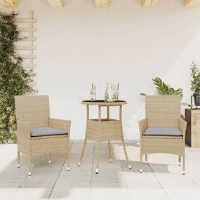 Set Da Pranzo Da Giardino 3 Pz Con Cuscini Polyrattan E Vetro /