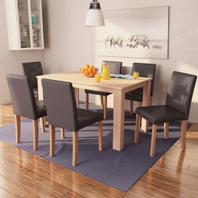 Sedie E Tavolo Pranzo 7 Pz İn Pelle Artificiale Quercia Marrone /