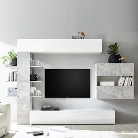 Parete attrezzata da soggiorno Bianco e cemento L.295xP30xh.187 cm