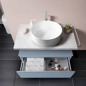 Mobile Bagno Sospeso 80 Cm Con Cassettone Blu Pastello Mensola Beton Lavabo E Specchio Aurora