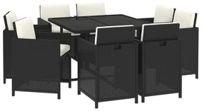 Set da pranzo per giardino 5 pz con cuscini in polyrattan nero