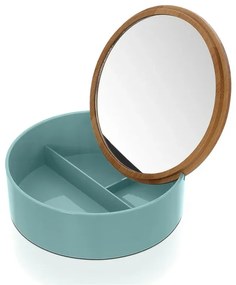 Porta trucchi da bagno tondo in plastica turchese e bamboo completo di specchio