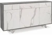 Madia Credenza mobile 3 ante e 3 cassetti con apertura push-pull 160x41x76H cm in kit colore Cemento e Marmo Calacatta