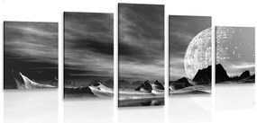 Quadri 5 pezzi – Pianeta futuristico in bianco e nero