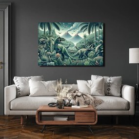 Quadro su tela – Dinosauri nella giungla con vulcani