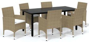 Set da pranzo da giardino 7 pz con cuscini in polyrattan beige