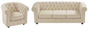Divano 3 posti e poltrona in Velluto Beige  - CHESTERFIELD