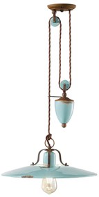 Lampadario Vintage Country Saliscendi Ferro E Ceramica Azzurro 1 Luce E27