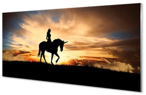 Quadro su vetro Donna su un unicorno al tramonto 100x50 cm