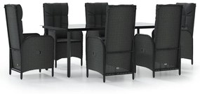 Set da pranzo da giardino 7 pz nero con cuscini in polyrattan