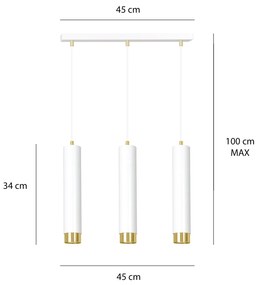 Lampadario 3 Luci Kibo In Acciaio Bianco E Tubolari In Bianco E Oro