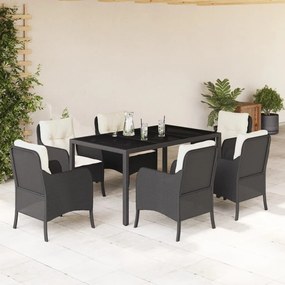 Set da pranzo da giardino 7 pz nero con cuscini in polyrattan