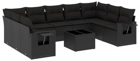 Set divani da giardino 10pz con cuscini in polyrattan nero