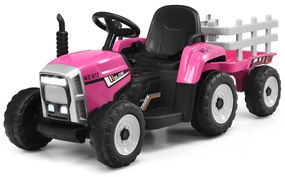 Costway Trattore con rimorchio 12 V per bambini, Giocattolo elettrico con 3 marce luci LED musica clacson, Rosa