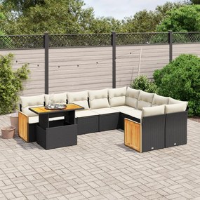 Set divani da giardino 10pz con cuscini in polyrattan nero