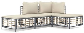 Set divani da giardino 4 pz con cuscini antracite in polyrattan