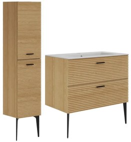 Mobile bagno striato con piedini con lavabo da incasso e colonna - 2 cassetti - Naturale chiaro - 80 cm - SARONE
